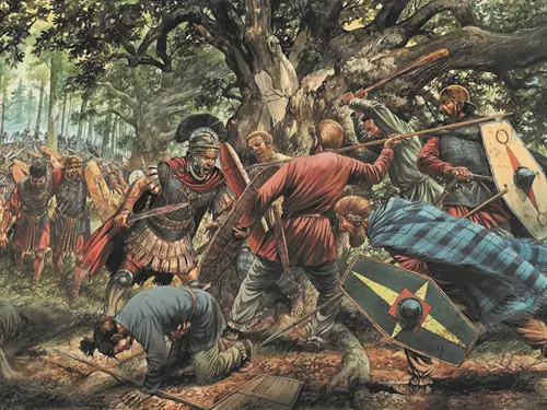 Vyobrazení bitvy Římanů proti Germánům
