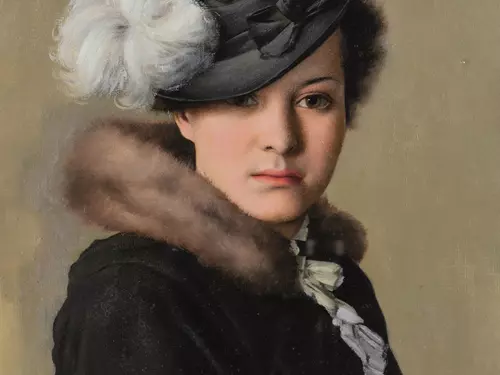 Portrét elegantní dámy v péřovém kloboučku, F. X. Diblík