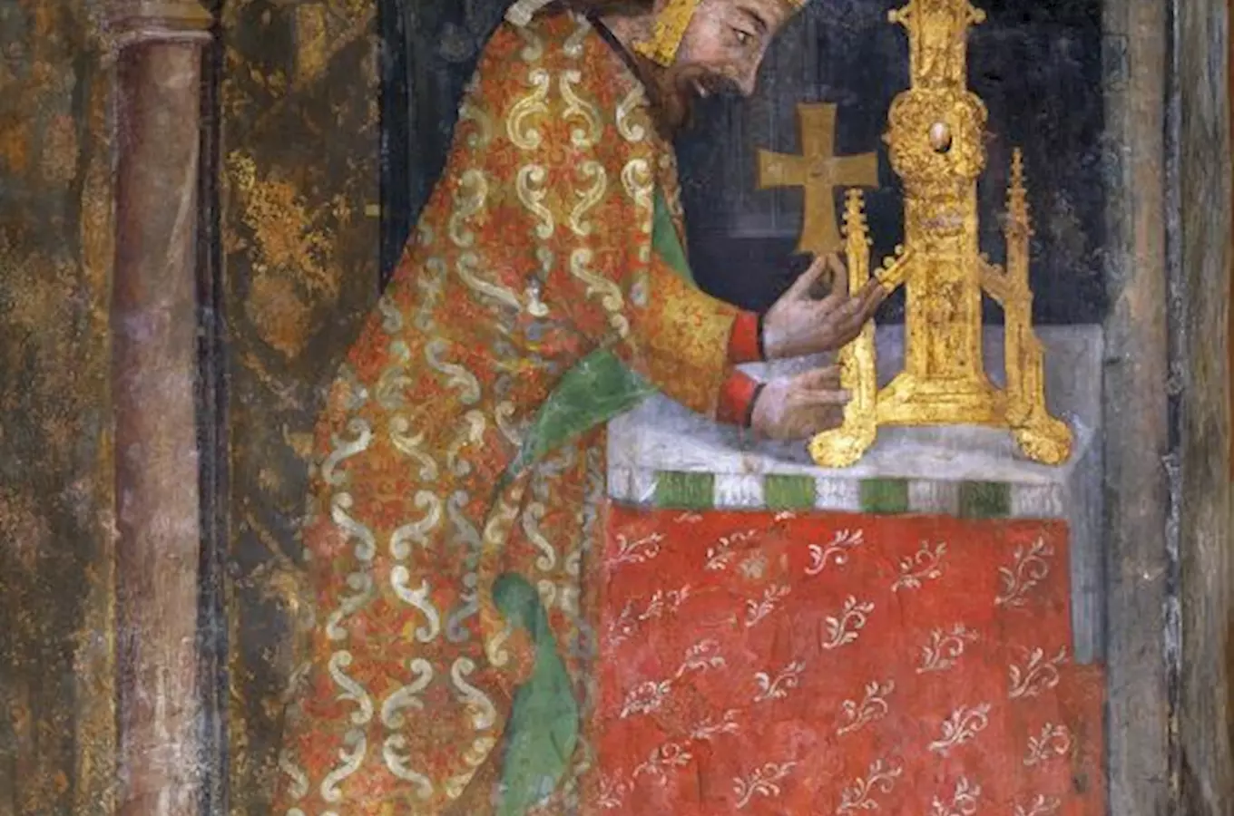 Císar Karel IV. ukládá relikvii dreva svatého Kríže do velkého ostatkového kríže (detail), kolem 1360, nástenná malba, hrad Karlštejn, kaple Panny Marie